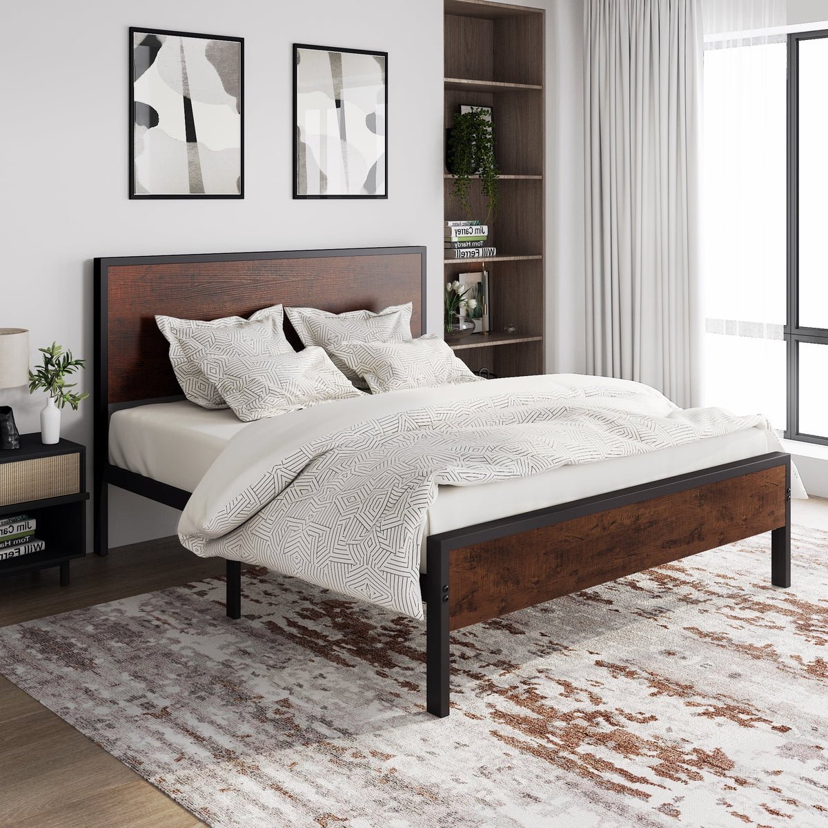 Queen Size Bed Frame with Black Oak Headboard K9436