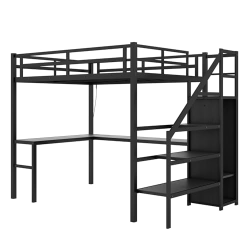 Twin XL Black Metal Loft Bed with Desk U8572