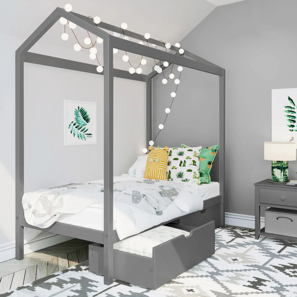 Twin Size Grey Wooden House Bed Frame with Storage Drawers Q23089