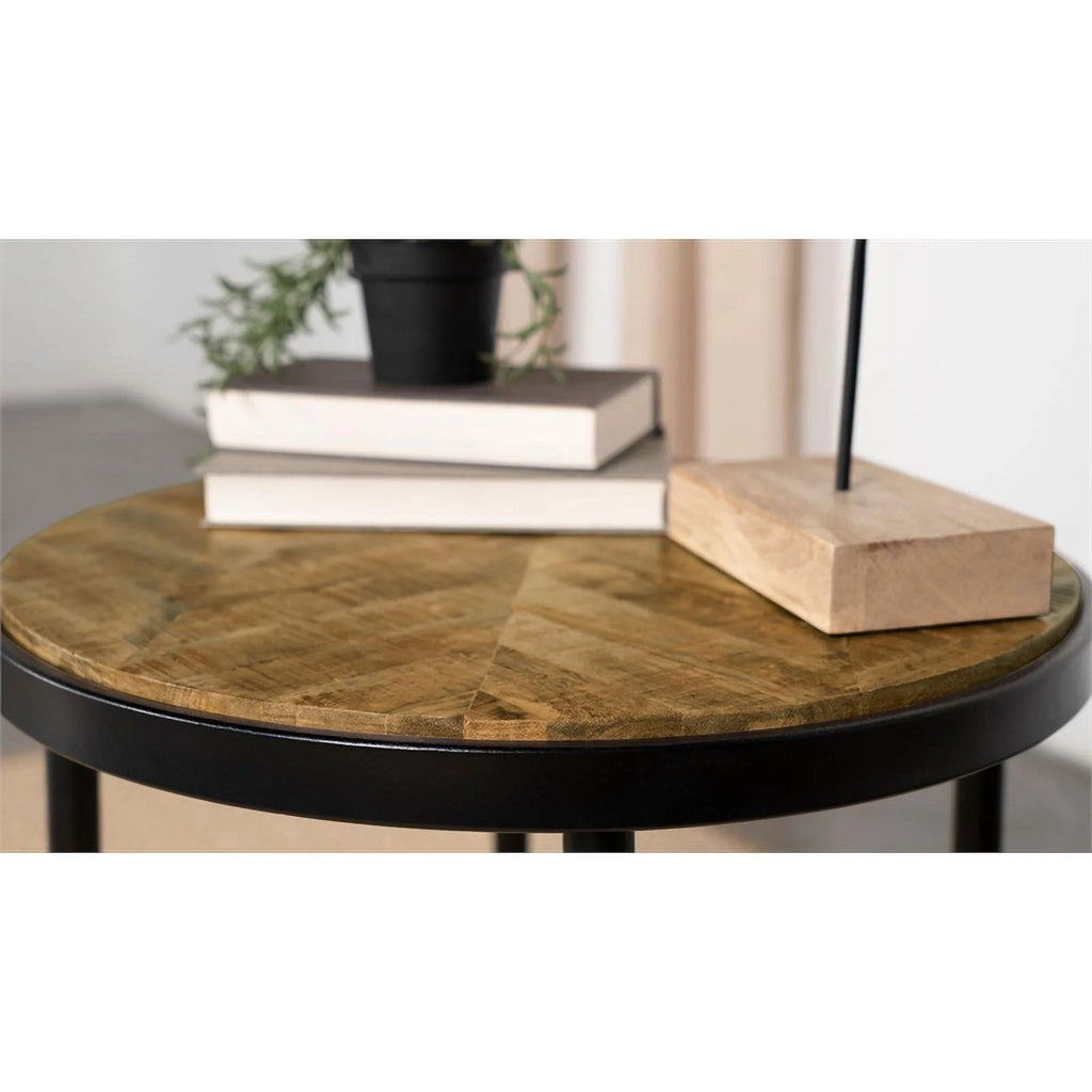 Round Metal Side Table in Natural Mango and Black Q88734