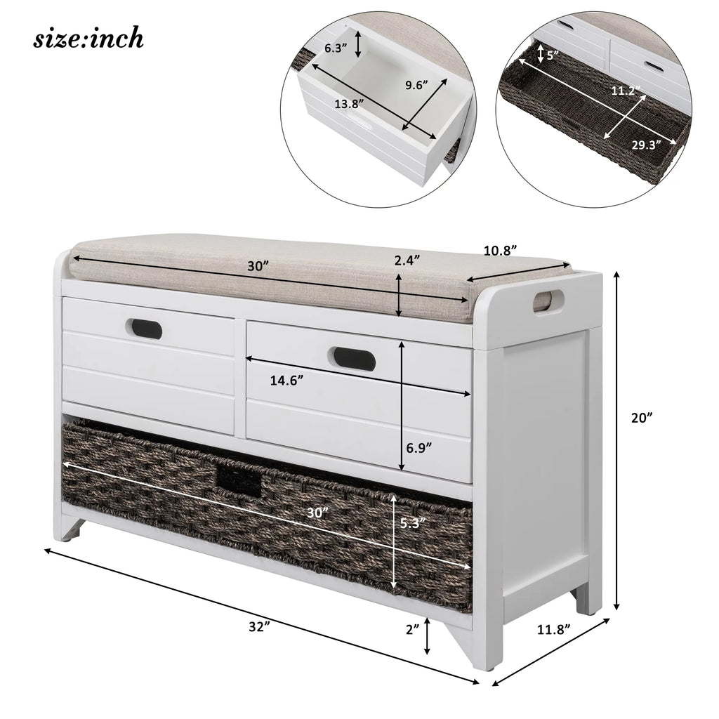 White Storage Bench with Cushion and Rattan Basket Y49029