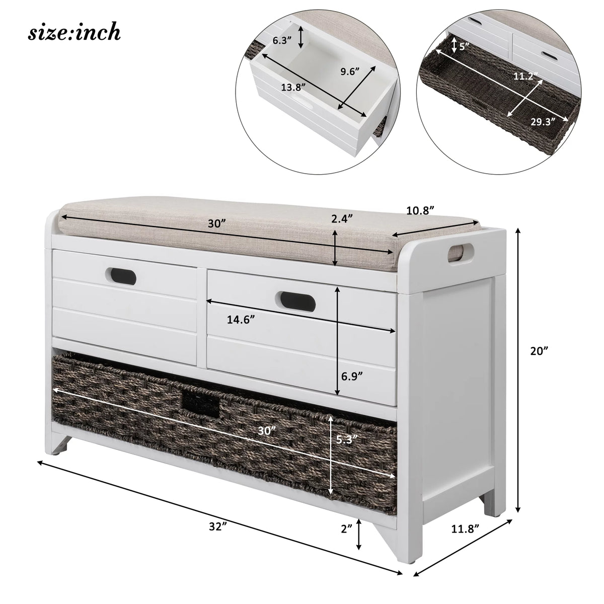 White Storage Bench with Cushion and Rattan Basket Y49029