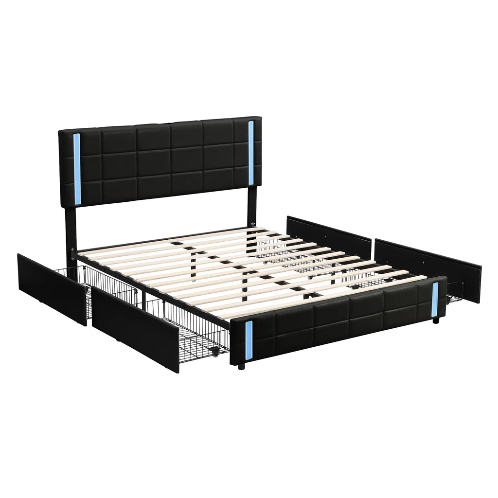 Queen Size Upholstered Platform Bed with LED Lights and USB Charging, Storage Bed with 4 Drawers, Black U66895