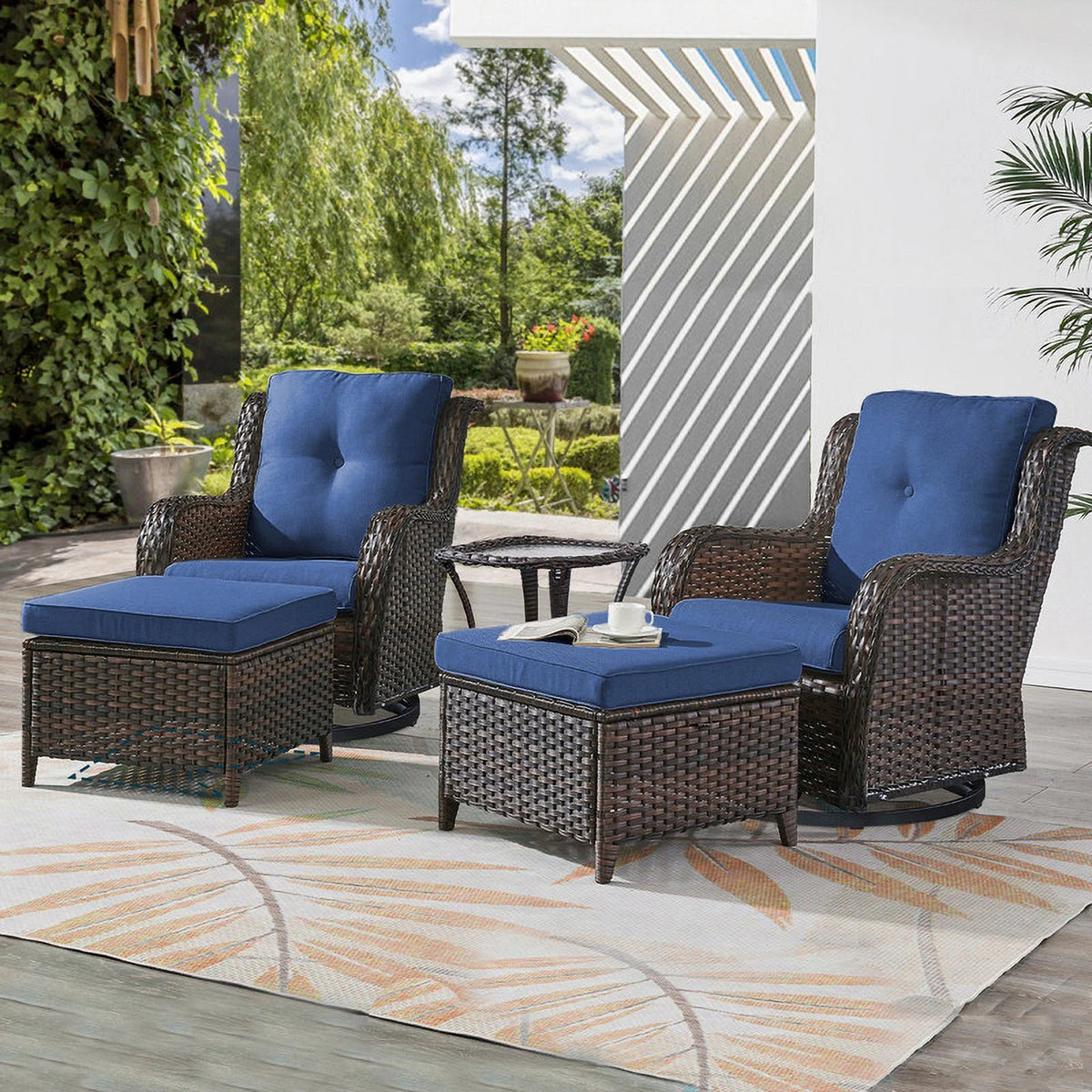 5-Piece Wicker Outdoor Conversation Set with Blue Cushions S874388