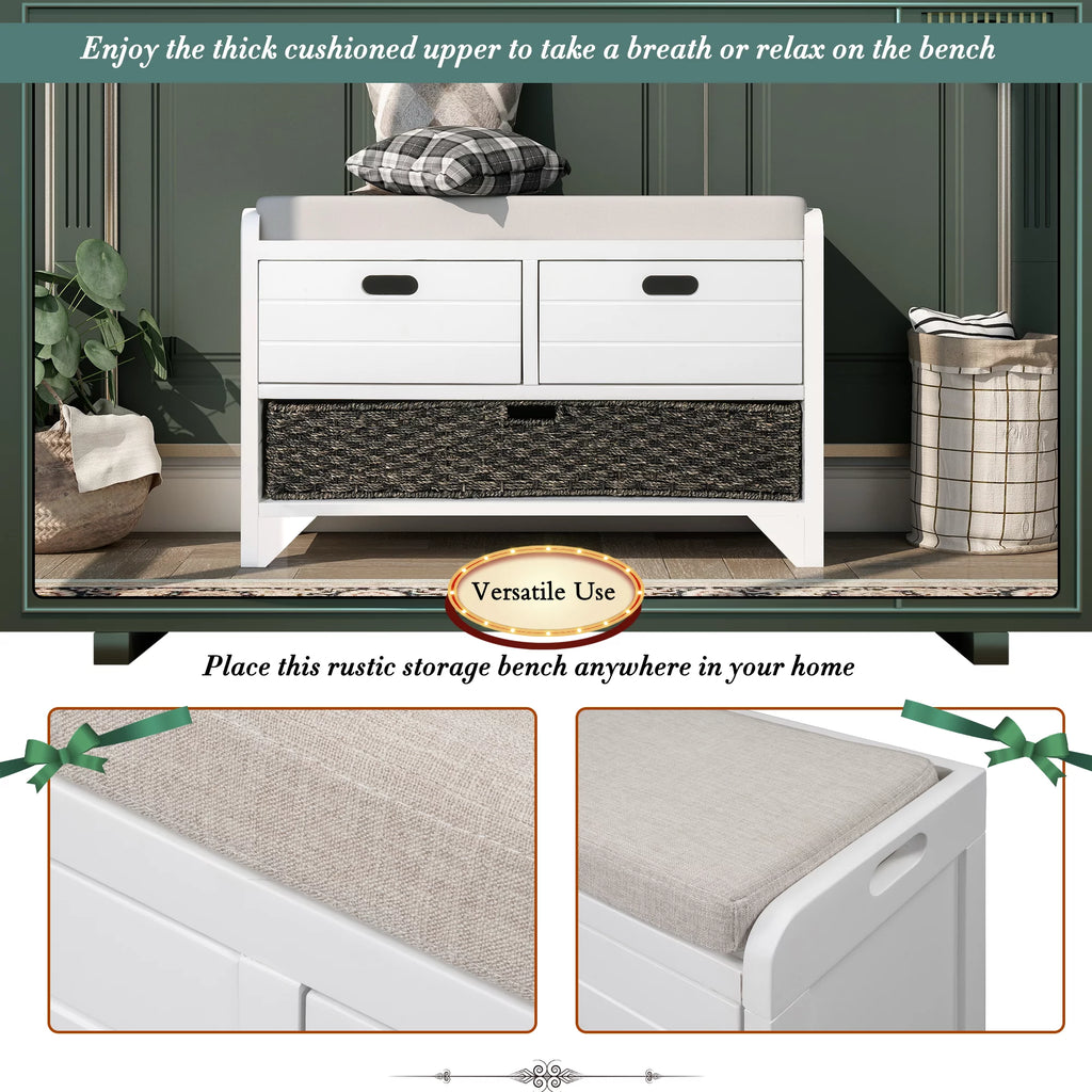 White Storage Bench with Cushion and Rattan Basket Y49029
