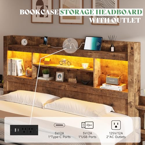 Queen Bed Frame with 4 Storage Drawers and Bookcase Headboard M275