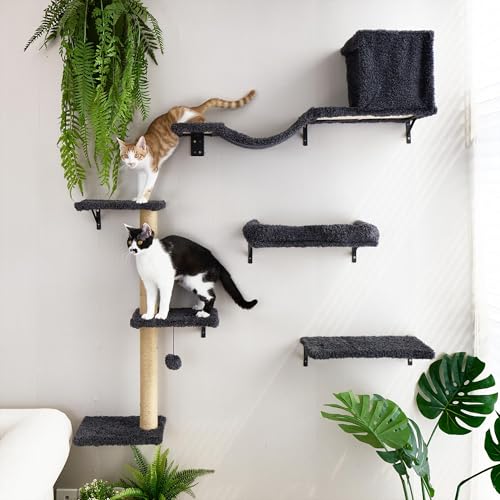 4 in 1 Wooden Cat Wall Shelves with Scratching Post E97678