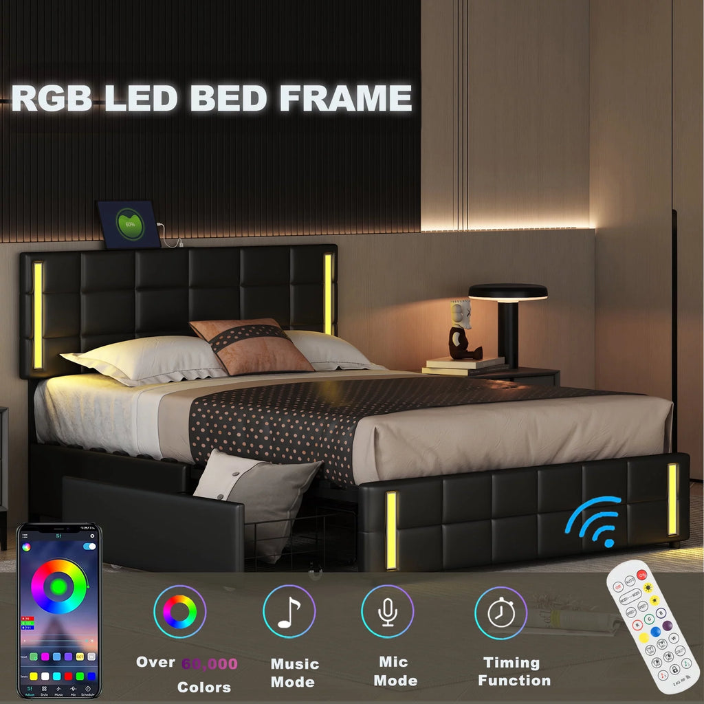 Queen Size Upholstered Platform Bed with LED Lights and USB Charging, Storage Bed with 4 Drawers, Black U66895