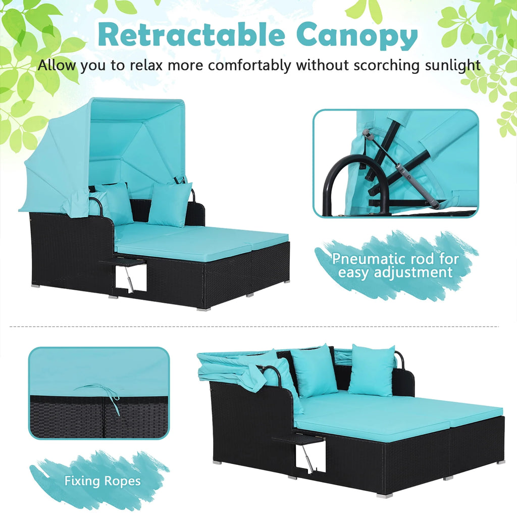 Red Rattan Daybed with Canopy and Side Tables P4558