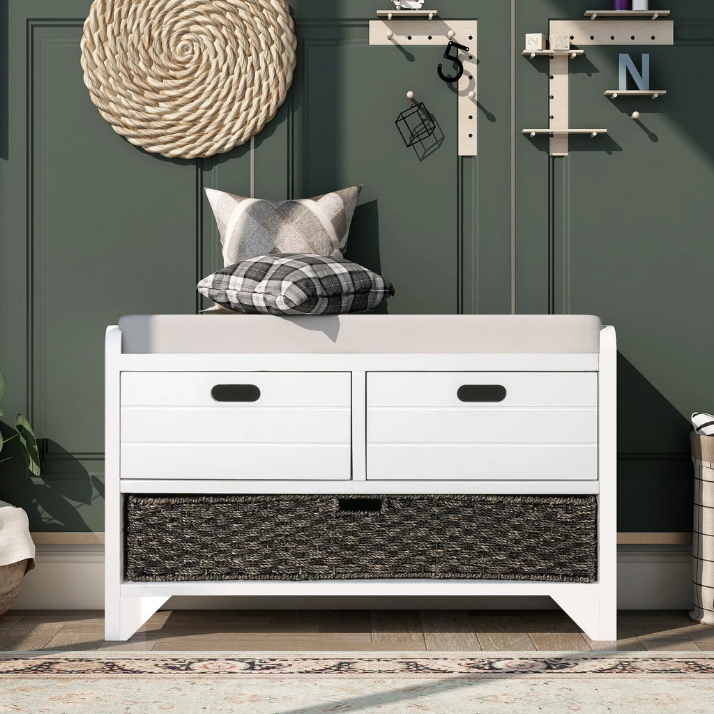 White Storage Bench with Cushion and Rattan Basket Y49029