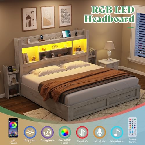 Queen Bed Frame with 4 Storage Drawers and Bookcase Headboard M275