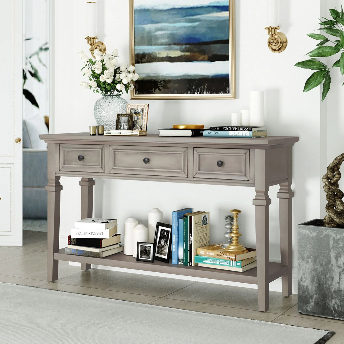 Navy Wooden Console Table with 3 Drawers and Open Shelf U365897