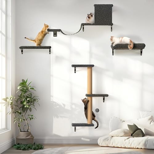 4 in 1 Wooden Cat Wall Shelves with Scratching Post E97678