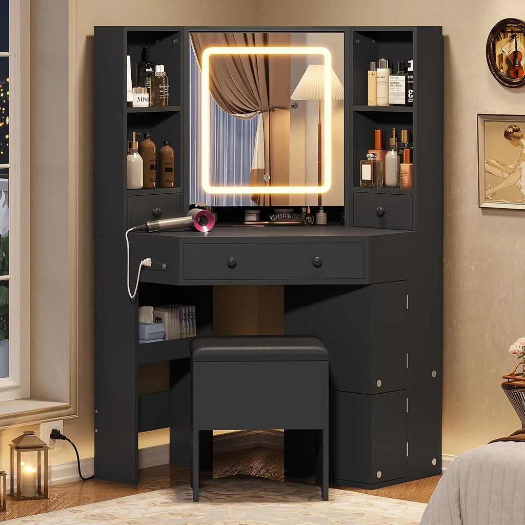 Black Corner Vanity Desk with Lighted Mirror and Storage Stool T1167