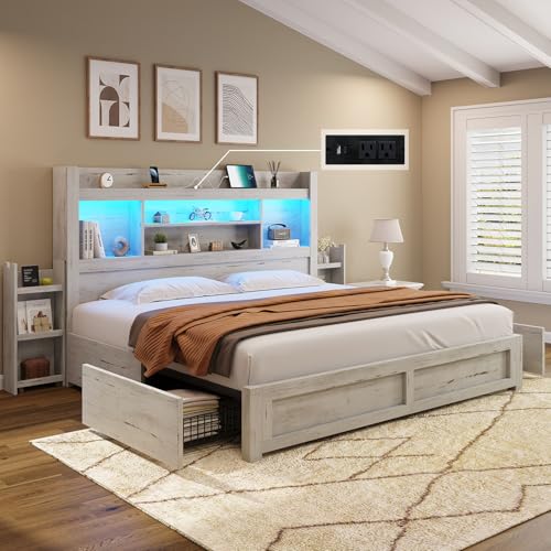 Queen Bed Frame with 4 Storage Drawers and Bookcase Headboard M275