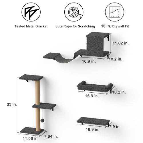 4 in 1 Wooden Cat Wall Shelves with Scratching Post E97678