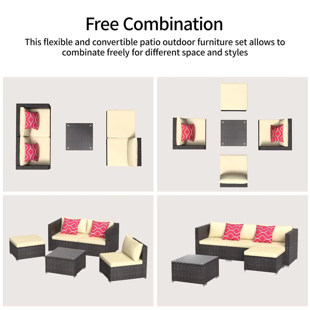 5 Pieces Patio Furniture Set with Sofas and Tempered Glass Coffee Table K2785
