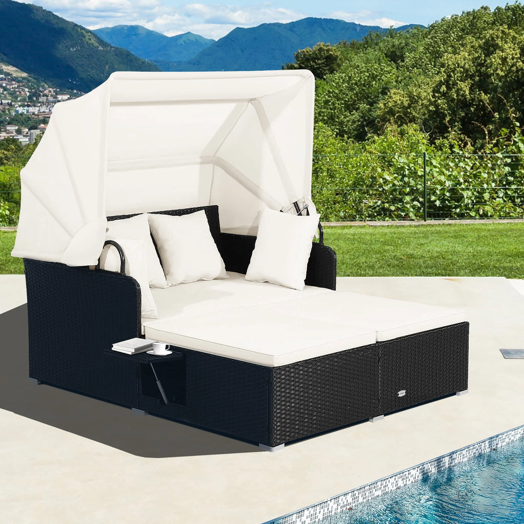 Red Rattan Daybed with Canopy and Side Tables P4558